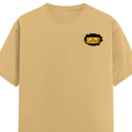 Male Classic Crew T-Shirt | Men's Regular Fit | 180 GSM Bio-Washed Cotton | Pre-Shrunk, Double-Stitched | Personalized | Typography | Bollywood | Movies | Everyday | Confident | Famous By - left pocket - Beige - mockup 3