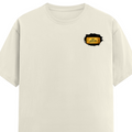 Male Classic Crew T-Shirt | Men's Regular Fit | 180 GSM Bio-Washed Cotton | Pre-Shrunk, Double-Stitched | Personalized | Typography | Bollywood | Movies | Everyday | Confident | Famous By - left pocket - Off White - mockup 3