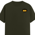 Male Classic Crew T-Shirt | Men's Regular Fit | 180 GSM Bio-Washed Cotton | Pre-Shrunk, Double-Stitched | Personalized | Typography | Bollywood | Movies | Everyday | Confident | Famous By - left pocket - Olive Green - mockup 3