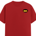 Male Classic Crew T-Shirt | Men's Regular Fit | 180 GSM Bio-Washed Cotton | Pre-Shrunk, Double-Stitched | Personalized | Typography | Bollywood | Movies | Everyday | Confident | Famous By - left pocket - Red - mockup 3