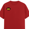 Male Classic Crew T-Shirt | Men's Regular Fit | 180 GSM Bio-Washed Cotton | Pre-Shrunk, Double-Stitched | Personalized | Typography | Bollywood | Movies | Everyday | Confident | Famous By - right pocket - Red - mockup 4