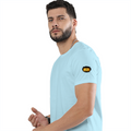 Male Classic Crew T-Shirt | Men's Regular Fit | 180 GSM Bio-Washed Cotton | Pre-Shrunk, Double-Stitched | Personalized | Typography | Bollywood | Movies | Everyday | Confident | Famous By - left sleeve - Baby Blue - mockup 5
