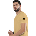 Male Classic Crew T-Shirt | Men's Regular Fit | 180 GSM Bio-Washed Cotton | Pre-Shrunk, Double-Stitched | Personalized | Typography | Bollywood | Movies | Everyday | Confident | Famous By - left sleeve - Beige - mockup 5