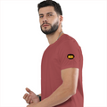 Male Classic Crew T-Shirt | Men's Regular Fit | 180 GSM Bio-Washed Cotton | Pre-Shrunk, Double-Stitched | Personalized | Typography | Bollywood | Movies | Everyday | Confident | Famous By - left sleeve - Coral - mockup 5
