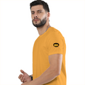 Male Classic Crew T-Shirt | Men's Regular Fit | 180 GSM Bio-Washed Cotton | Pre-Shrunk, Double-Stitched | Personalized | Typography | Bollywood | Movies | Everyday | Confident | Famous By - left sleeve - Golden Yellow - mockup 5