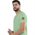 Male Classic Crew T-Shirt | Men's Regular Fit | 180 GSM Bio-Washed Cotton | Pre-Shrunk, Double-Stitched | Personalized | Typography | Bollywood | Movies | Everyday | Confident | Famous By - left sleeve - Jade - mockup 5