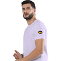 Male Classic Crew T-Shirt | Men's Regular Fit | 180 GSM Bio-Washed Cotton | Pre-Shrunk, Double-Stitched | Personalized | Typography | Bollywood | Movies | Everyday | Confident | Famous By - left sleeve - Lavender - mockup 5