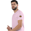 Male Classic Crew T-Shirt | Men's Regular Fit | 180 GSM Bio-Washed Cotton | Pre-Shrunk, Double-Stitched | Personalized | Typography | Bollywood | Movies | Everyday | Confident | Famous By - left sleeve - Light Baby Pink - mockup 5