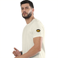 Male Classic Crew T-Shirt | Men's Regular Fit | 180 GSM Bio-Washed Cotton | Pre-Shrunk, Double-Stitched | Personalized | Typography | Bollywood | Movies | Everyday | Confident | Famous By - left sleeve - Off White - mockup 5