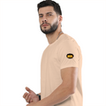 Male Classic Crew T-Shirt | Men's Regular Fit | 180 GSM Bio-Washed Cotton | Pre-Shrunk, Double-Stitched | Personalized | Typography | Bollywood | Movies | Everyday | Confident | Famous By - left sleeve - Peach - mockup 5