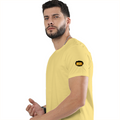 Male Classic Crew T-Shirt | Men's Regular Fit | 180 GSM Bio-Washed Cotton | Pre-Shrunk, Double-Stitched | Personalized | Typography | Bollywood | Movies | Everyday | Confident | Famous By - left sleeve - Yellow - mockup 5