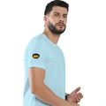 Male Classic Crew T-Shirt | Men's Regular Fit | 180 GSM Bio-Washed Cotton | Pre-Shrunk, Double-Stitched | Personalized | Typography | Bollywood | Movies | Everyday | Confident | Famous By - right sleeve - Baby Blue - mockup 6