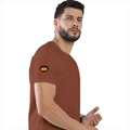 Male Classic Crew T-Shirt | Men's Regular Fit | 180 GSM Bio-Washed Cotton | Pre-Shrunk, Double-Stitched | Personalized | Typography | Bollywood | Movies | Everyday | Confident | Famous By - right sleeve - Copper - mockup 6