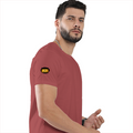 Male Classic Crew T-Shirt | Men's Regular Fit | 180 GSM Bio-Washed Cotton | Pre-Shrunk, Double-Stitched | Personalized | Typography | Bollywood | Movies | Everyday | Confident | Famous By - right sleeve - Coral - mockup 6