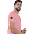 Male Classic Crew T-Shirt | Men's Regular Fit | 180 GSM Bio-Washed Cotton | Pre-Shrunk, Double-Stitched | Personalized | Typography | Bollywood | Movies | Everyday | Confident | Famous By - right sleeve - Flamingo - mockup 6