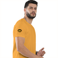 Male Classic Crew T-Shirt | Men's Regular Fit | 180 GSM Bio-Washed Cotton | Pre-Shrunk, Double-Stitched | Personalized | Typography | Bollywood | Movies | Everyday | Confident | Famous By - right sleeve - Golden Yellow - mockup 6