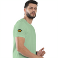 Male Classic Crew T-Shirt | Men's Regular Fit | 180 GSM Bio-Washed Cotton | Pre-Shrunk, Double-Stitched | Personalized | Typography | Bollywood | Movies | Everyday | Confident | Famous By - right sleeve - Jade - mockup 6