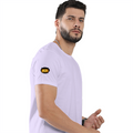 Male Classic Crew T-Shirt | Men's Regular Fit | 180 GSM Bio-Washed Cotton | Pre-Shrunk, Double-Stitched | Personalized | Typography | Bollywood | Movies | Everyday | Confident | Famous By - right sleeve - Lavender - mockup 6