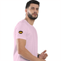Male Classic Crew T-Shirt | Men's Regular Fit | 180 GSM Bio-Washed Cotton | Pre-Shrunk, Double-Stitched | Personalized | Typography | Bollywood | Movies | Everyday | Confident | Famous By - right sleeve - Light Baby Pink - mockup 6