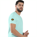 Male Classic Crew T-Shirt | Men's Regular Fit | 180 GSM Bio-Washed Cotton | Pre-Shrunk, Double-Stitched | Personalized | Typography | Bollywood | Movies | Everyday | Confident | Famous By - right sleeve - Mint - mockup 6