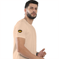 Male Classic Crew T-Shirt | Men's Regular Fit | 180 GSM Bio-Washed Cotton | Pre-Shrunk, Double-Stitched | Personalized | Typography | Bollywood | Movies | Everyday | Confident | Famous By - right sleeve - Peach - mockup 6
