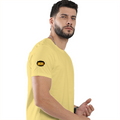 Male Classic Crew T-Shirt | Men's Regular Fit | 180 GSM Bio-Washed Cotton | Pre-Shrunk, Double-Stitched | Personalized | Typography | Bollywood | Movies | Everyday | Confident | Famous By - right sleeve - Yellow - mockup 6