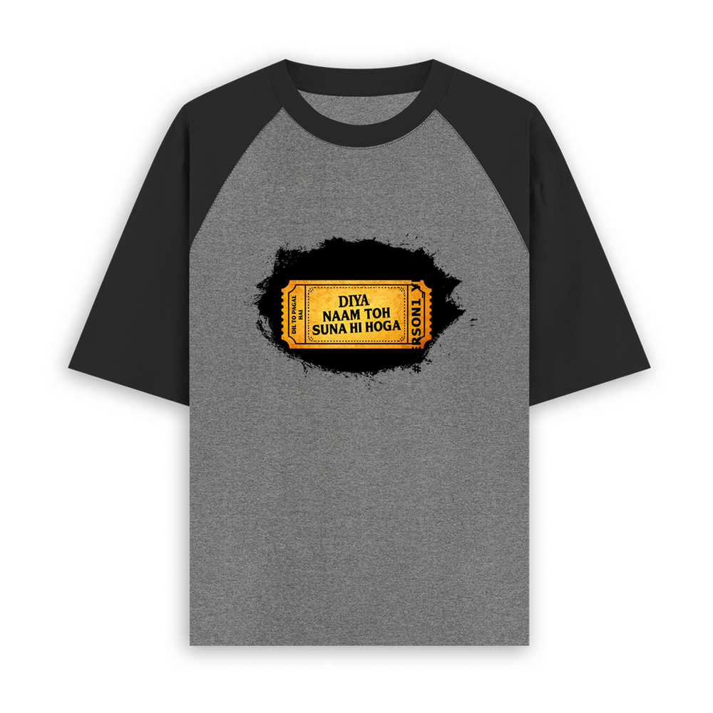 Unisex Oversized Raglan T-Shirt | Relaxed Fit | 180 GSM Bio-Washed Cotton | Two-Tone Design | Soft Comfort | Personalized | Typography | Bollywood | Movies | Everyday | Confident | Famous By - front - mockup 1