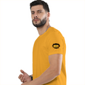 Female Classic Crew T-Shirt | Regular Fit | 180 GSM Bio-Washed Cotton Blend | Pre-Shrunk, Double-Stitched | Women | Personalized | Typography | Bollywood | Movies | Everyday | Confident | Famous By - left sleeve - Golden Yellow - mockup 5