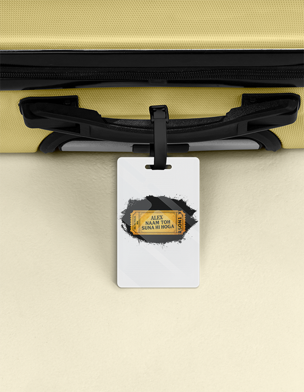 Luggage Tag | Travel Accessory | Acrylic | Durable, Double-Sided, Secure Strap | Unisex | Personalized | Typography | Bollywood | Movies | Everyday | Confident | Famous By - front - White - mockup 1