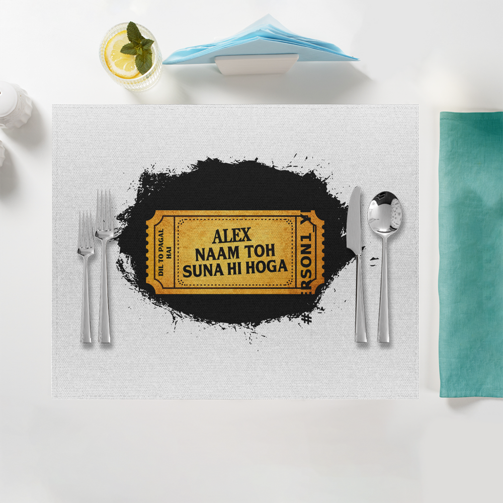 Placemat | Standard Dining | 100% Polyester | Durable, Fade-Proof, Soft | Unisex | Personalized | Typography | Bollywood | Movies | Everyday | Confident | Famous By - front - White - mockup 1