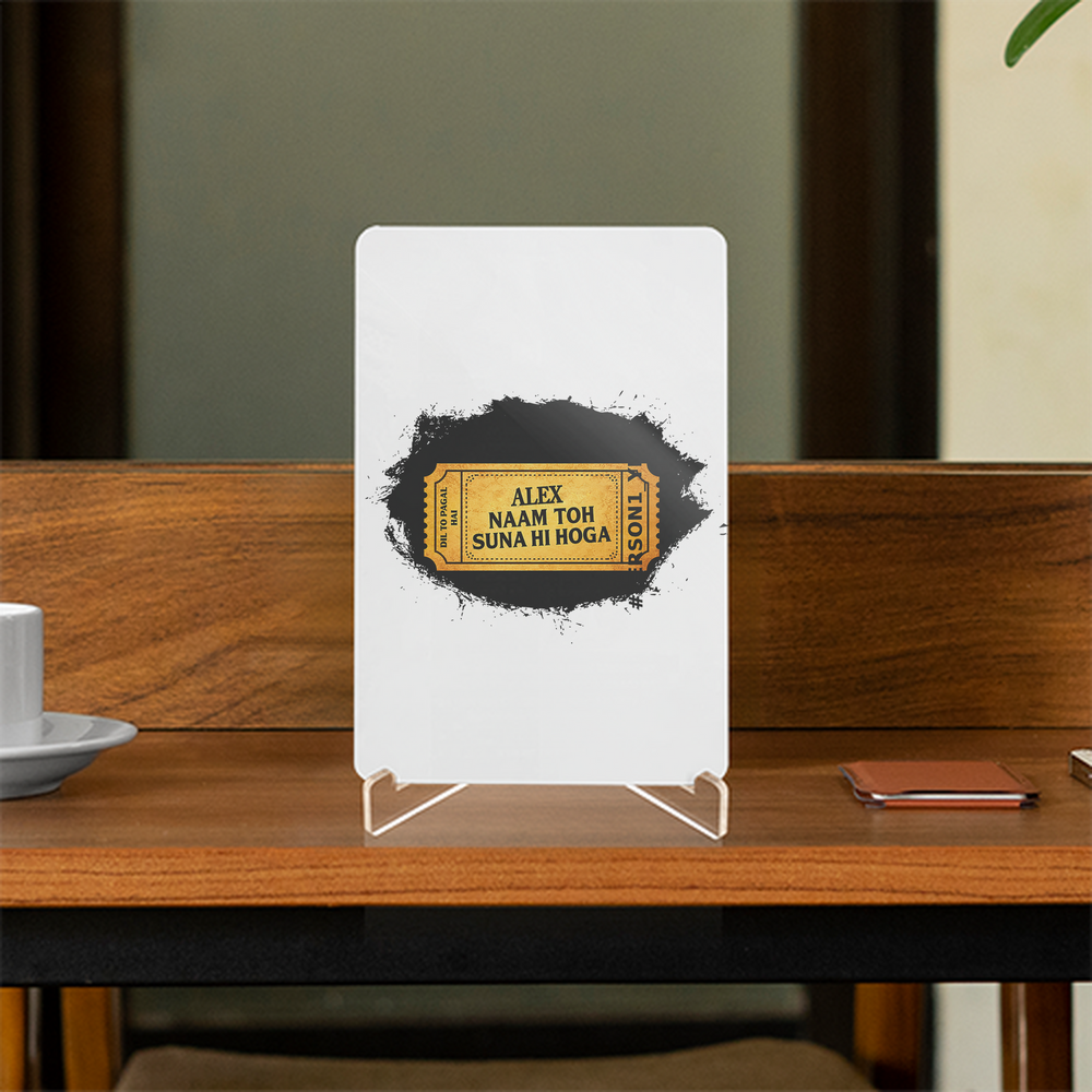 Acrylic Display Stand | 4x6 Inch | Clear Acrylic | Tabletop Display | Unisex | Personalized | Typography | Bollywood | Movies | Everyday | Confident | Famous By - front - White - mockup 1
