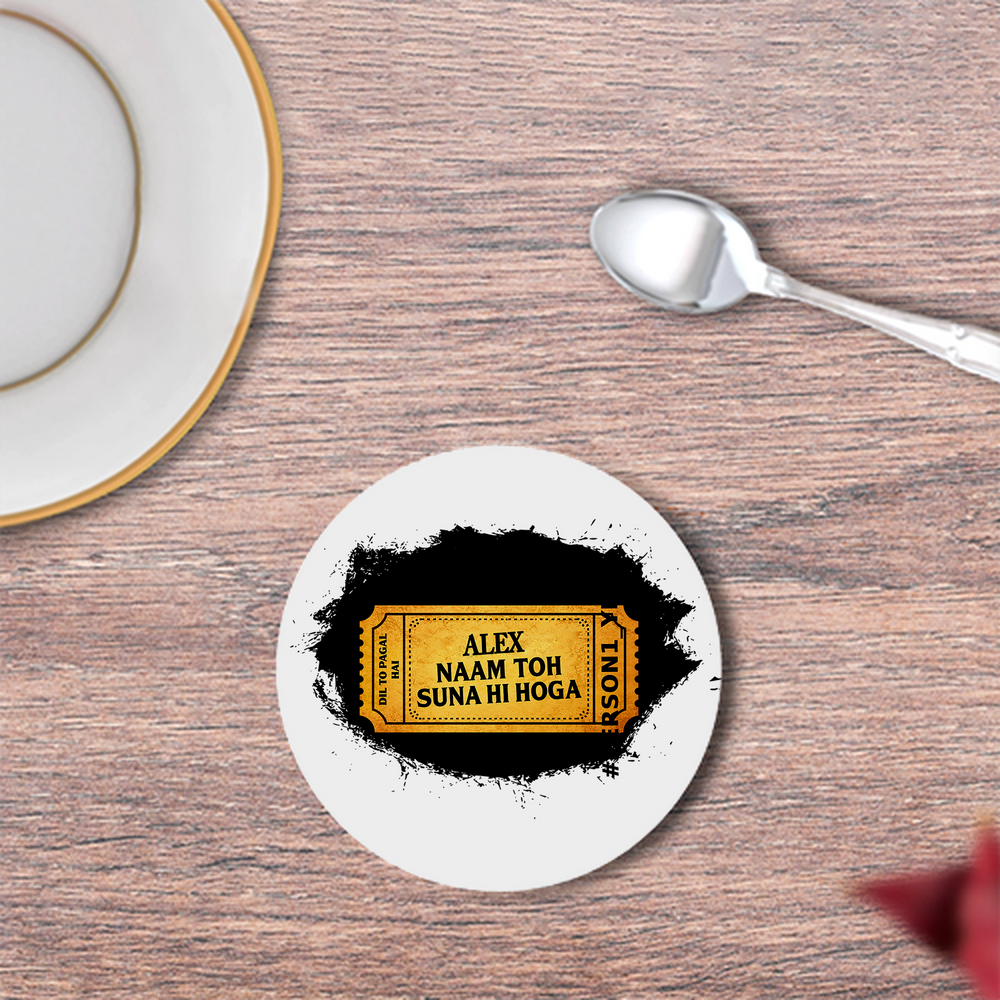 Coasters | 3mm MDF Board | Super Glossy Finish, Durable | Unisex | Personalized | Typography | Bollywood | Movies | Everyday | Confident | Famous By - front - White - mockup 1