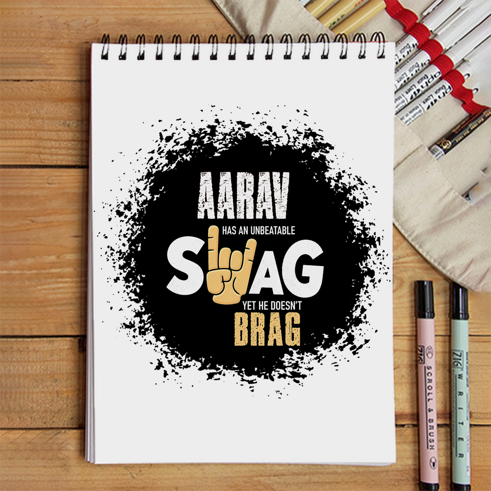 Sketchbook | A5 Size | 140 GSM Paper | Spiral Bound | Unisex | Personalized | Typography | Self-expression | Everyday | Confident | Unbeatable Swag, Zero Brag - front - White - mockup 1