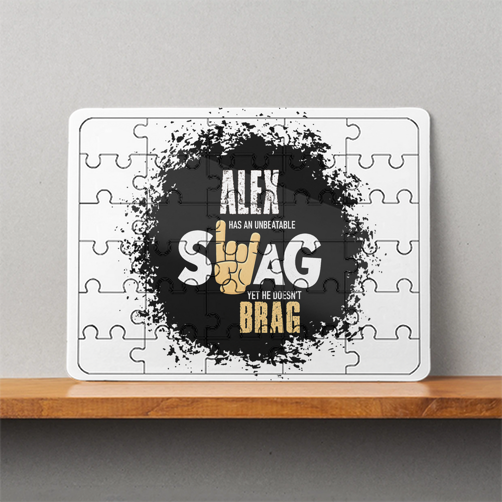 MDF Wooden Puzzle | 6x8 Inch 30 Pieces | Glossy Finish | Durable, Waterproof | Kids & Adults | Personalized | Typography | Self-expression | Everyday | Confident | Unbeatable Swag, Zero Brag - front - White - mockup 1