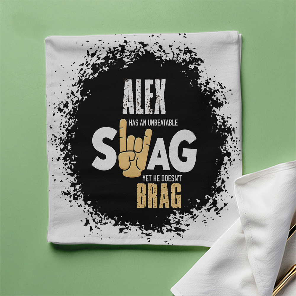 Cloth Napkin | Standard Dining Size | 100% Polyester | Soft, Durable, Hemmed | Unisex | Personalized | Typography | Self-expression | Everyday | Confident | Unbeatable Swag, Zero Brag - front - White - mockup 1