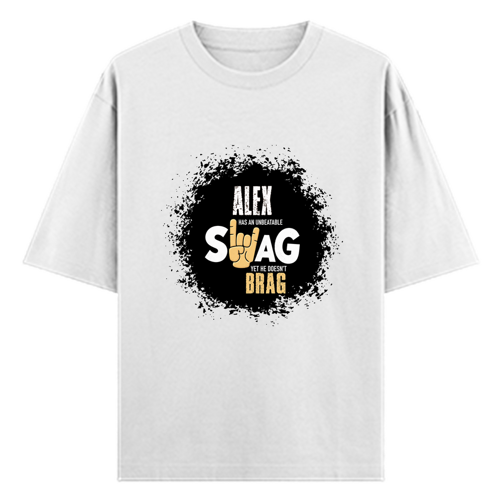 Oversized Standard T-Shirt | Unisex Relaxed Fit | 100% Super Combed Cotton | Soft, Breathable, Durable | Adult | Personalized | Typography | Self-expression | Everyday | Confident | Unbeatable Swag, Zero Brag - front - White - mockup 1