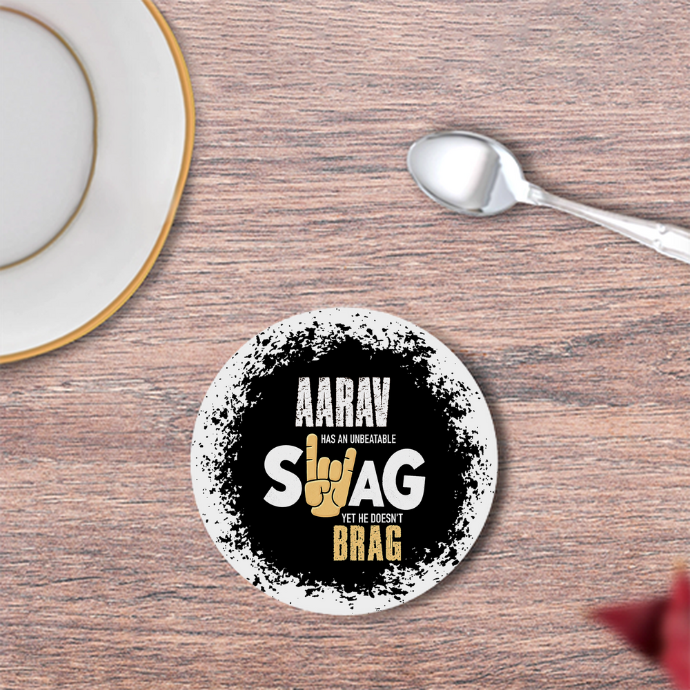 Coasters | 3mm MDF Board | Super Glossy Finish, Durable | Unisex | Personalized | Typography | Self-expression | Everyday | Confident | Unbeatable Swag, Zero Brag - front - White - mockup 1