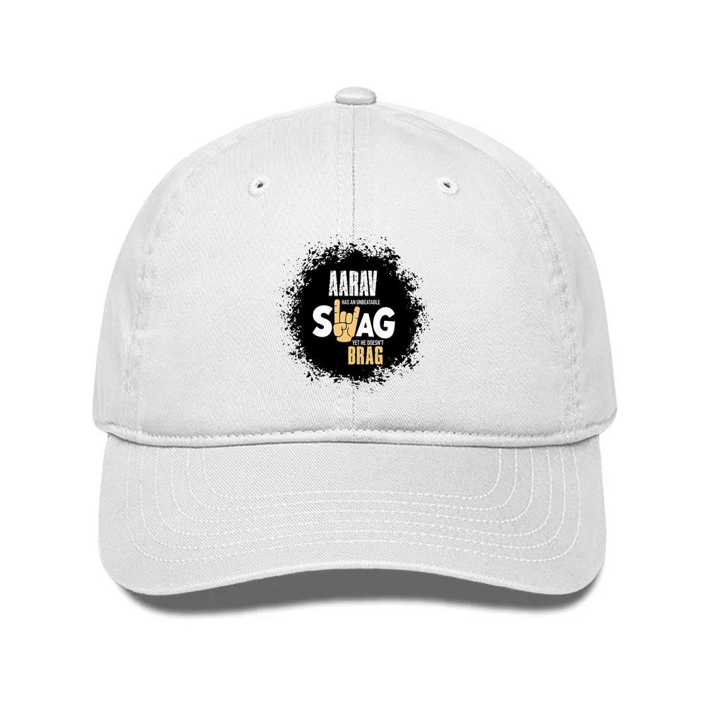 Classic Baseball Cap | Universal Fit | Drill Cotton | Sun Protection, Breathable | Unisex Adult | Personalized | Typography | Self-expression | Everyday | Confident | Unbeatable Swag, Zero Brag - front - White - mockup 1