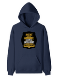 Pullover Hoodie | Unisex Regular Fit | Cotton Blend Tri-Layer | All-Season Comfort, Ribbed Cuffs | Adults | Personalized | Typography | Sarcasm | Intelligence | Everyday | Confident | Not Arrogant, Just Intelligent - front - Navy Blue - mockup 1