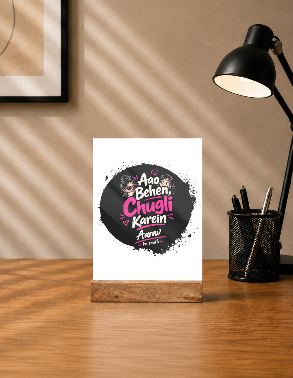 Acrylic Photo Frame with Stand | 5x7 Inch | Acrylic & Wood | UV Printed Tabletop Display | Universal | Personalized | Typography | Friendship | Social Interaction | Friendship Day | Humorous | Gossip Queens - front - mockup 1