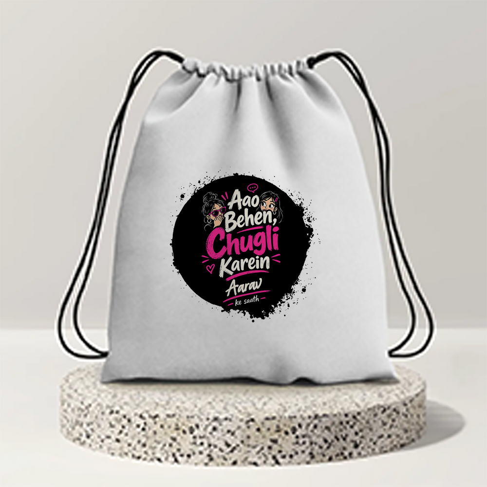 Drawstring Bag | 280 GSM | Durable Cotton | Secure Closure | Unisex | Personalized | Typography | Friendship | Social Interaction | Friendship Day | Humorous | Gossip Queens - front - mockup 1
