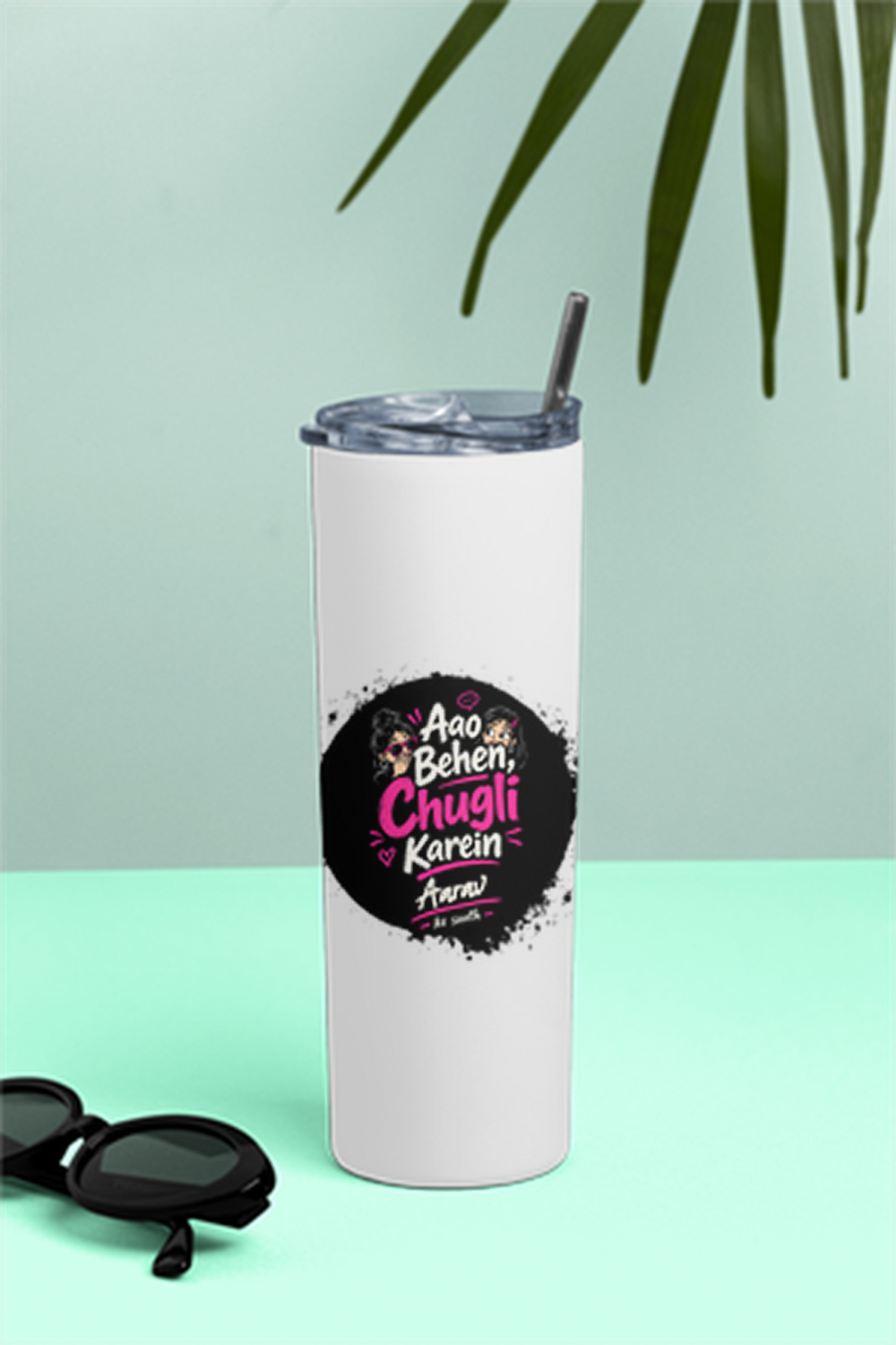 Tumbler Bottle | 20oz Capacity | Stainless Steel | Double-Wall Insulated, Splash-Proof Lid, Metal Straw | Everyday Use | Personalized | Typography | Friendship | Social Interaction | Friendship Day | Humorous | Gossip Queens - front - White - mockup 1