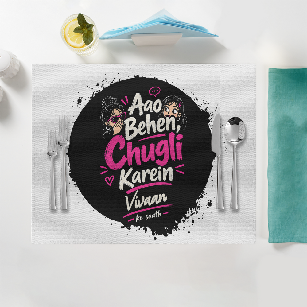 Placemat | Standard Dining | 100% Polyester | Durable, Fade-Proof, Soft | Unisex | Personalized | Typography | Friendship | Social Interaction | Friendship Day | Humorous | Gossip Queens - front - White - mockup 1