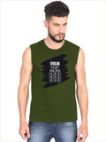 Male Sleeveless T-Shirt | Regular Fit Men | 180 GSM Bio-Washed Cotton Blend | Pre-Shrunk, Double-Stitched | Personalized | Typography | Thinking | Creativity | Everyday | Clever | Thinks Outside The Box - front - Olive Green - mockup 1