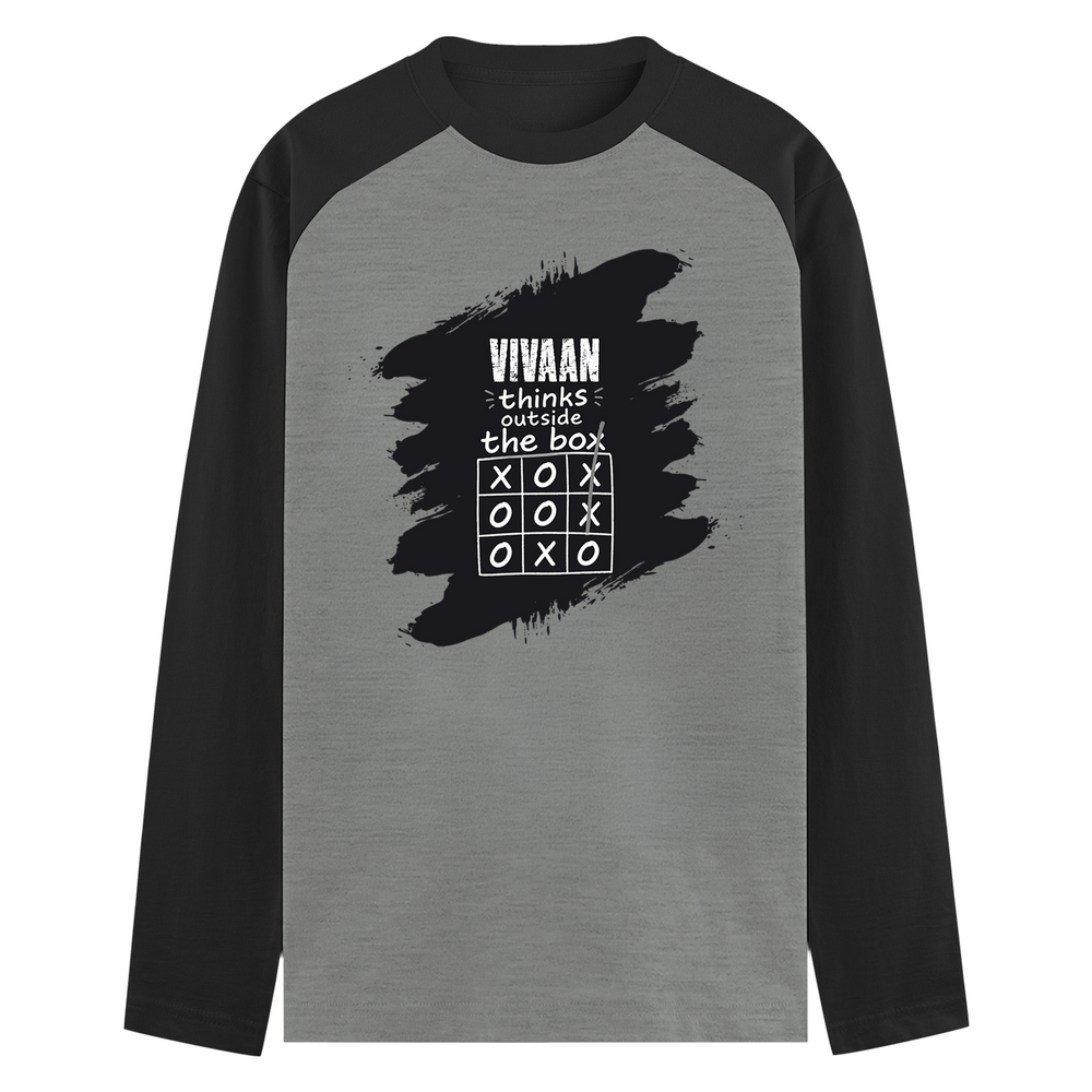 Male Raglan T-Shirt | Men's Regular Fit | 180 GSM Bio-Washed Fabric | Double Stitched, Ribbed Neck | Personalized | Typography | Thinking | Creativity | Everyday | Clever | Thinks Outside The Box - front - mockup 1