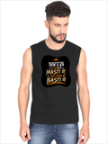 Male Sleeveless T-Shirt | Regular Fit Men | 180 GSM Bio-Washed Cotton Blend | Pre-Shrunk, Double-Stitched | Personalized | Typography | Self-reliance | Individualism | Everyday | Confident | Aag Lage Basti Mein - front - Black - mockup 1