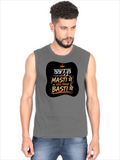 Male Sleeveless T-Shirt | Regular Fit Men | 180 GSM Bio-Washed Cotton Blend | Pre-Shrunk, Double-Stitched | Personalized | Typography | Self-reliance | Individualism | Everyday | Confident | Aag Lage Basti Mein - front - Charcoal Melange - mockup 1