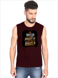 Male Sleeveless T-Shirt | Regular Fit Men | 180 GSM Bio-Washed Cotton Blend | Pre-Shrunk, Double-Stitched | Personalized | Typography | Self-reliance | Individualism | Everyday | Confident | Aag Lage Basti Mein - front - Maroon - mockup 1