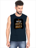 Male Sleeveless T-Shirt | Regular Fit Men | 180 GSM Bio-Washed Cotton Blend | Pre-Shrunk, Double-Stitched | Personalized | Typography | Self-reliance | Individualism | Everyday | Confident | Aag Lage Basti Mein - front - Navy Blue - mockup 1