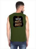 Male Sleeveless T-Shirt | Regular Fit Men | 180 GSM Bio-Washed Cotton Blend | Pre-Shrunk, Double-Stitched | Personalized | Typography | Self-reliance | Individualism | Everyday | Confident | Aag Lage Basti Mein - back - Olive Green - mockup 2